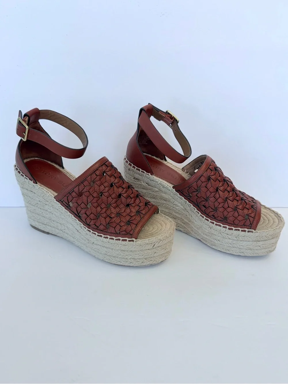 Tory Burch leather basket weave espadrille platform sandals, size 7